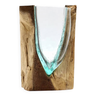 Molton Glass V-shaped Art Vase on Wood