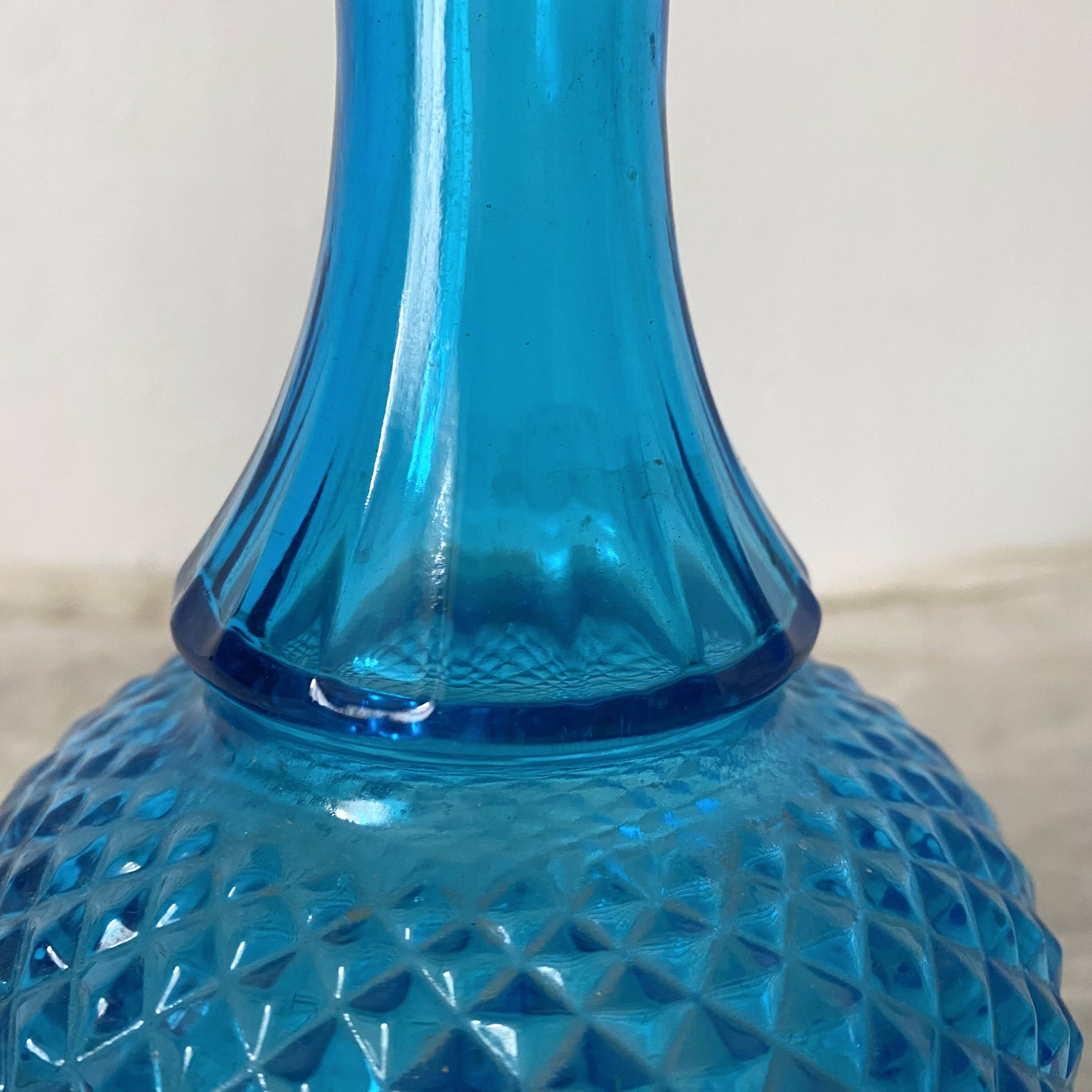 Blue glass carafe made in Belgium from the 60s