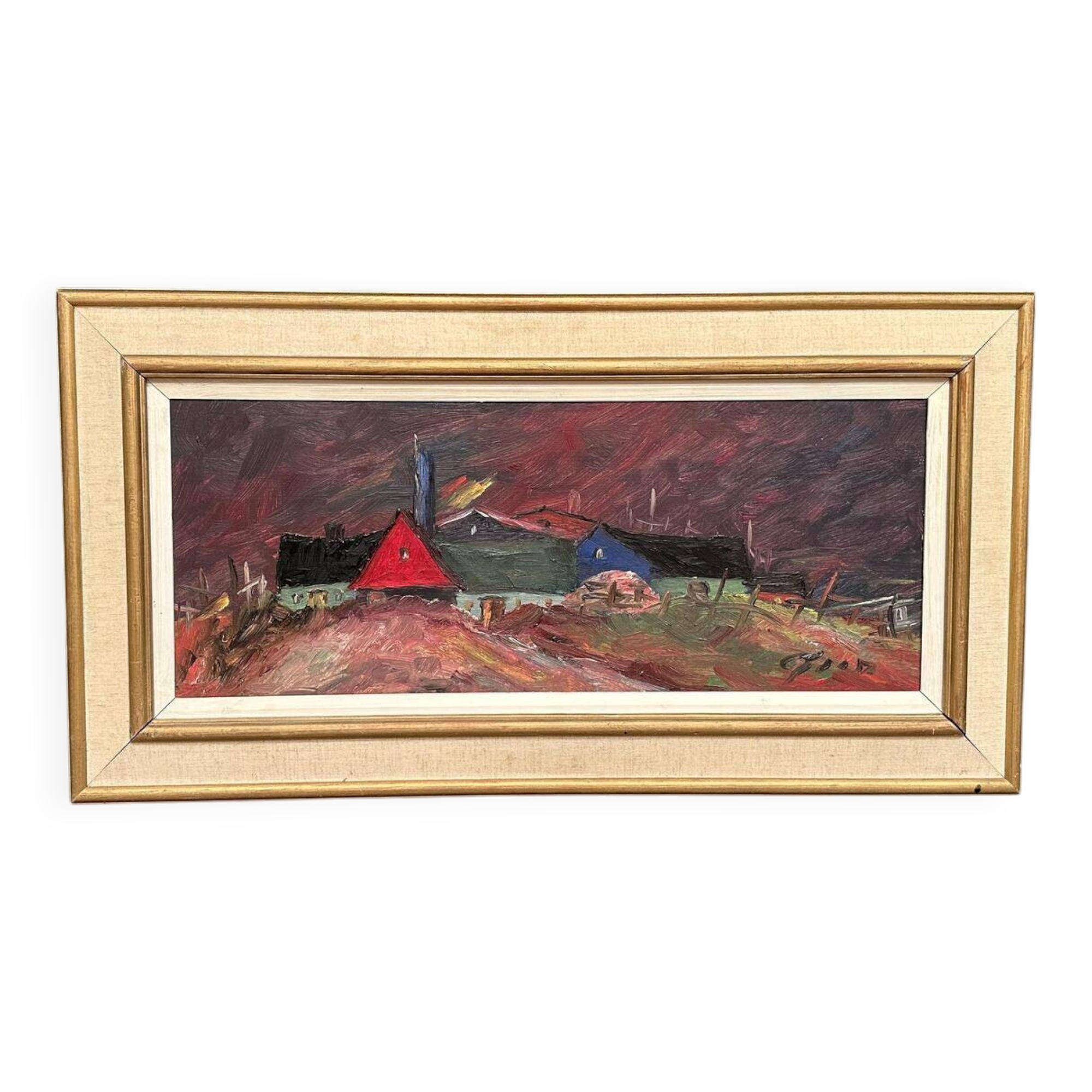 Original Swedish Oil on Panel – “Huts” – Vintage & Framed – 77 × 41 cm