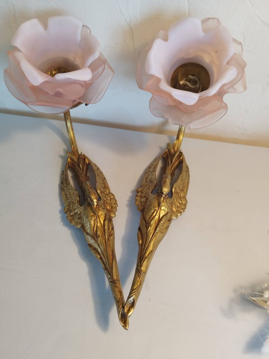Pair of bronze swan and pink tulip wall lights in glass paste