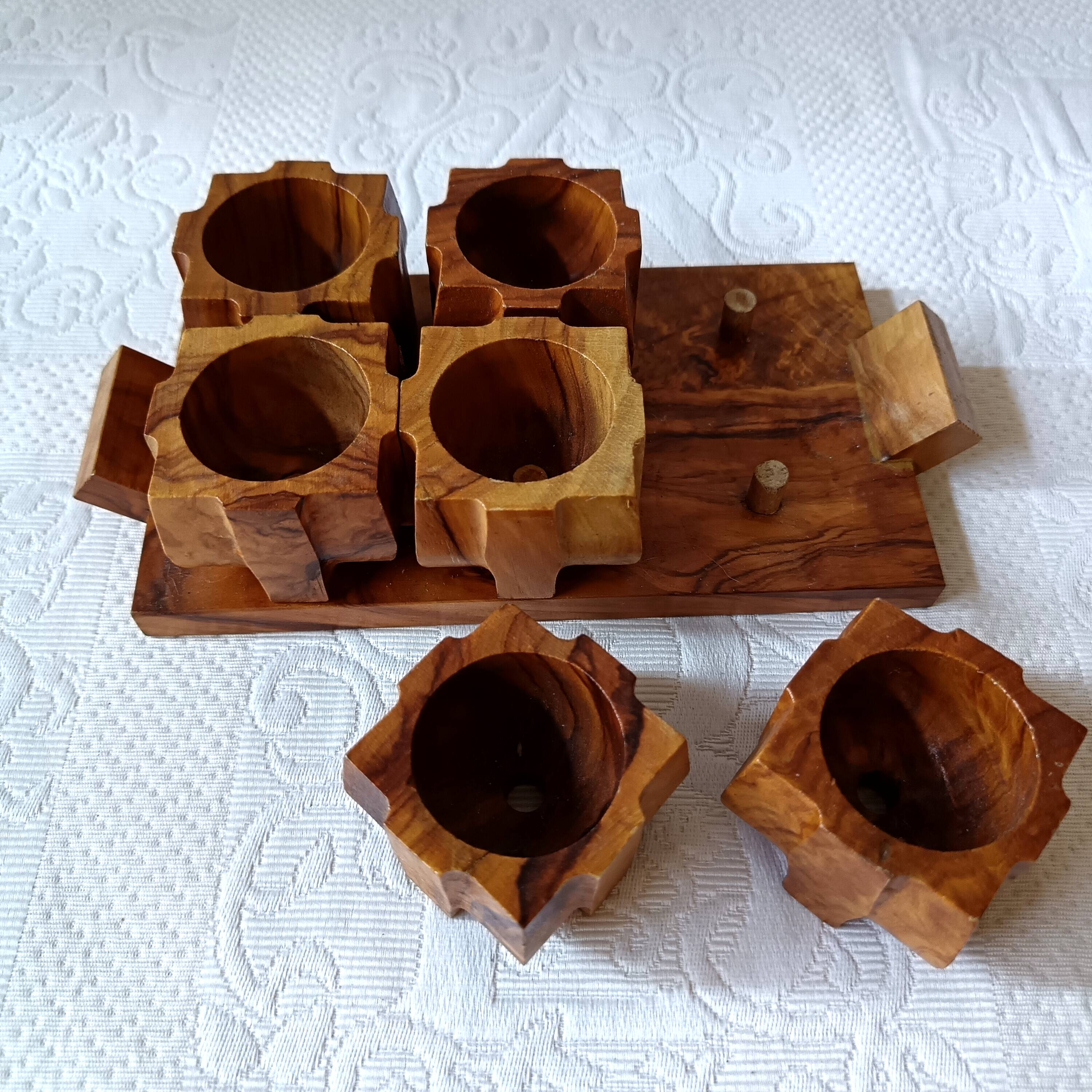 6 vintage egg cups on olive wood tray France
