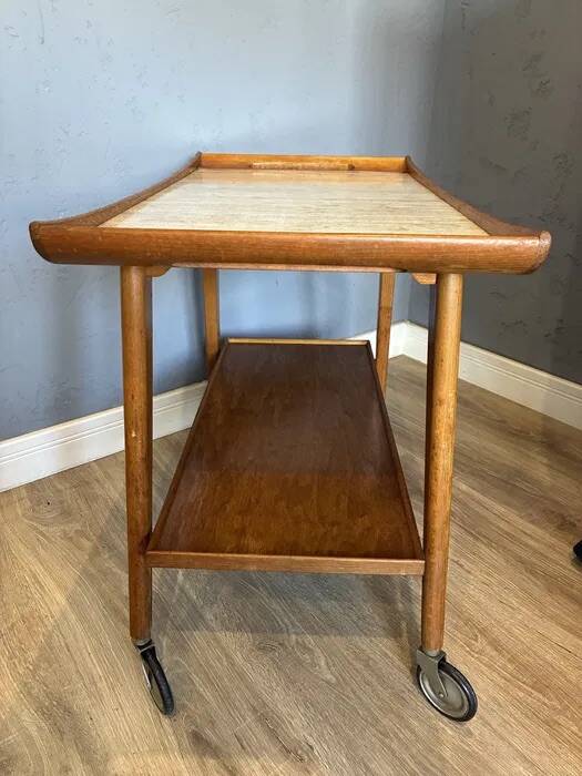 Mid-Century "Opal" Bar Cart / Serving Trolley — Oak & Rattan, 1960s