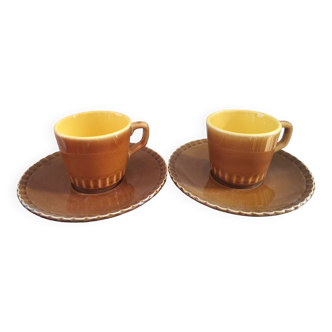 Lot de 2 tasses à café et sous tasse vintage en barbotine Sarreguemines Digoin