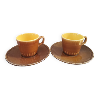 Set of 2 coffee cups and under cup vintage slurry Sarreguemines Digoin