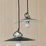 Pair of black and white sheet metal pendant lights, ceramic sockets