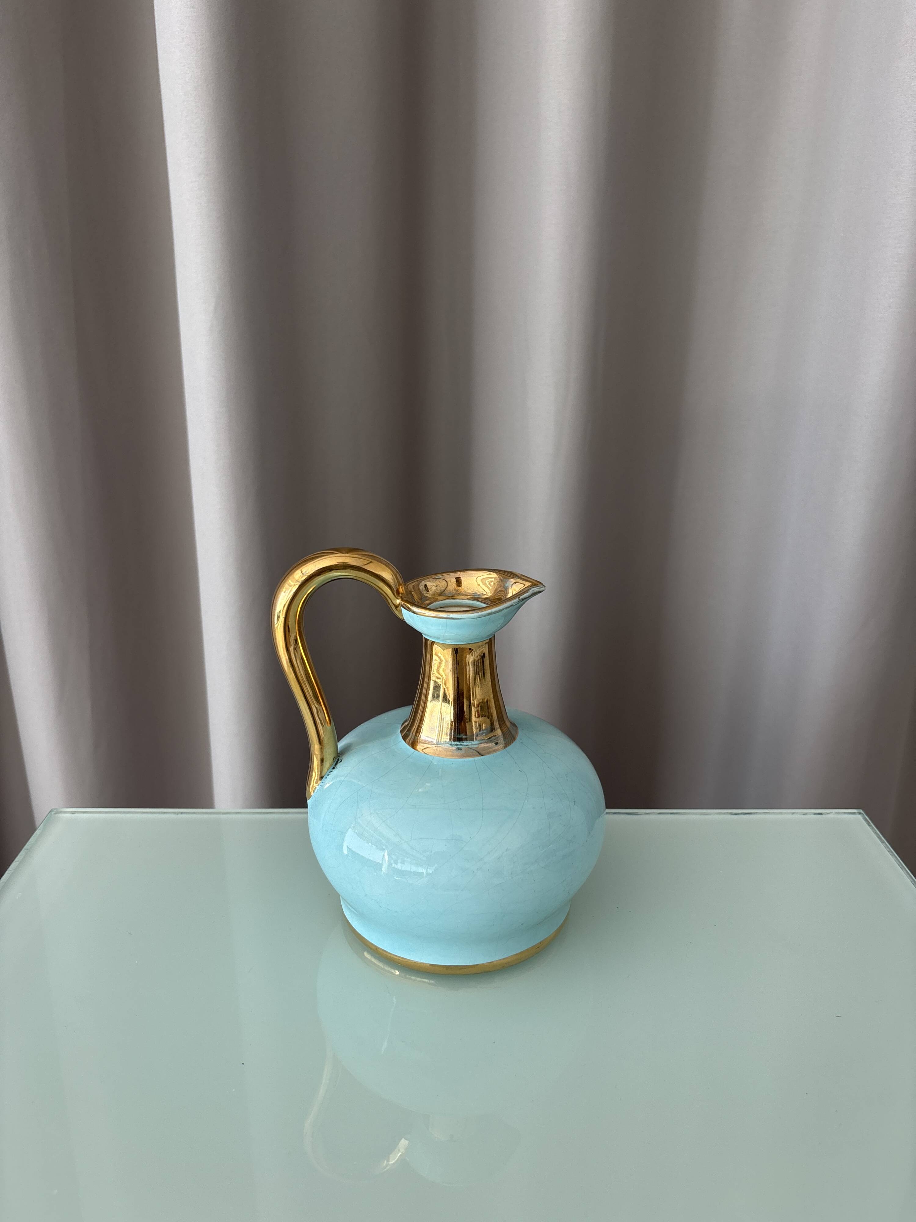 Vintage A. Bayer Belgium Turquoise Crackle Ceramic Jug with Gold