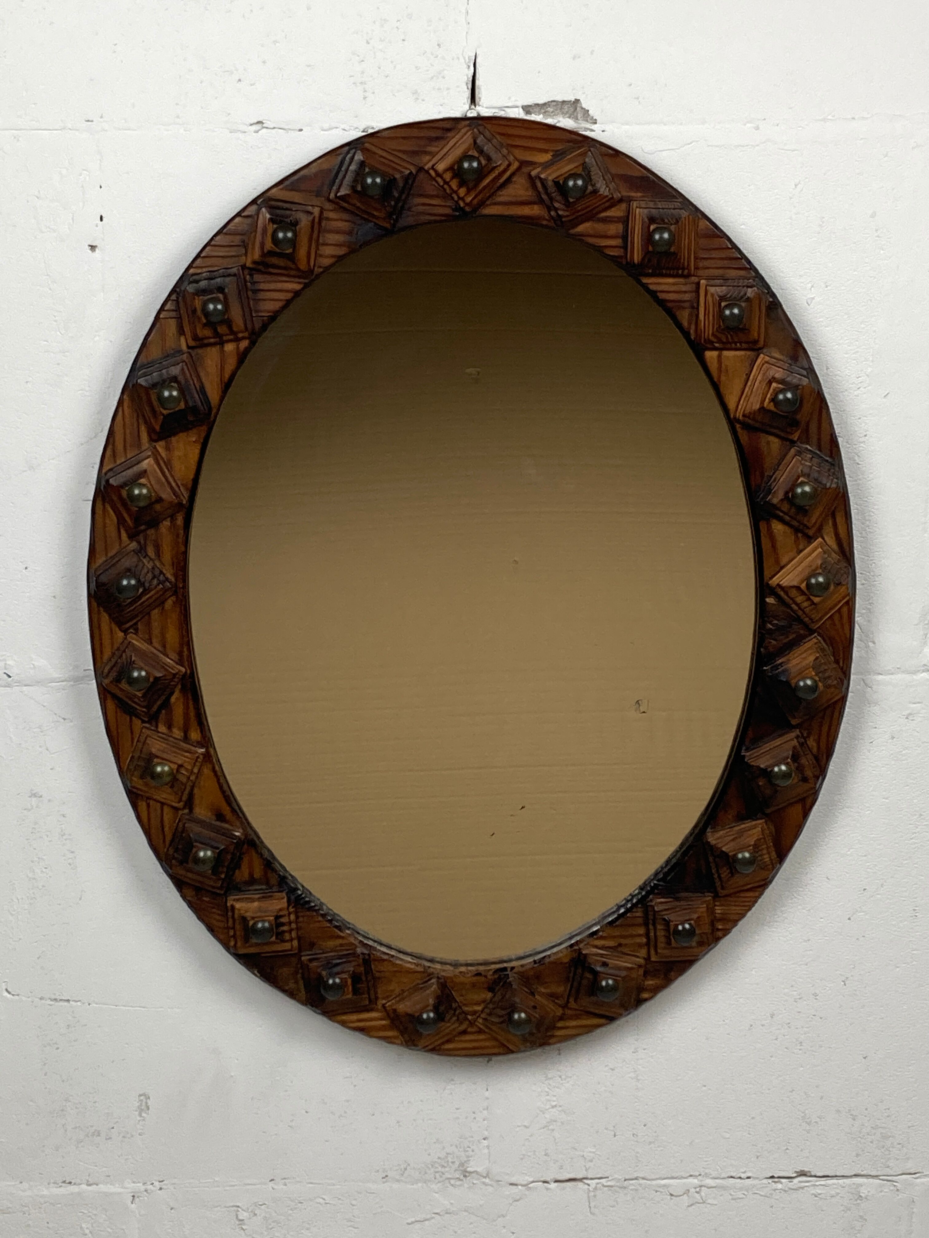 Midcentury brutalist handmade wooden mirror, Belgium 1960s