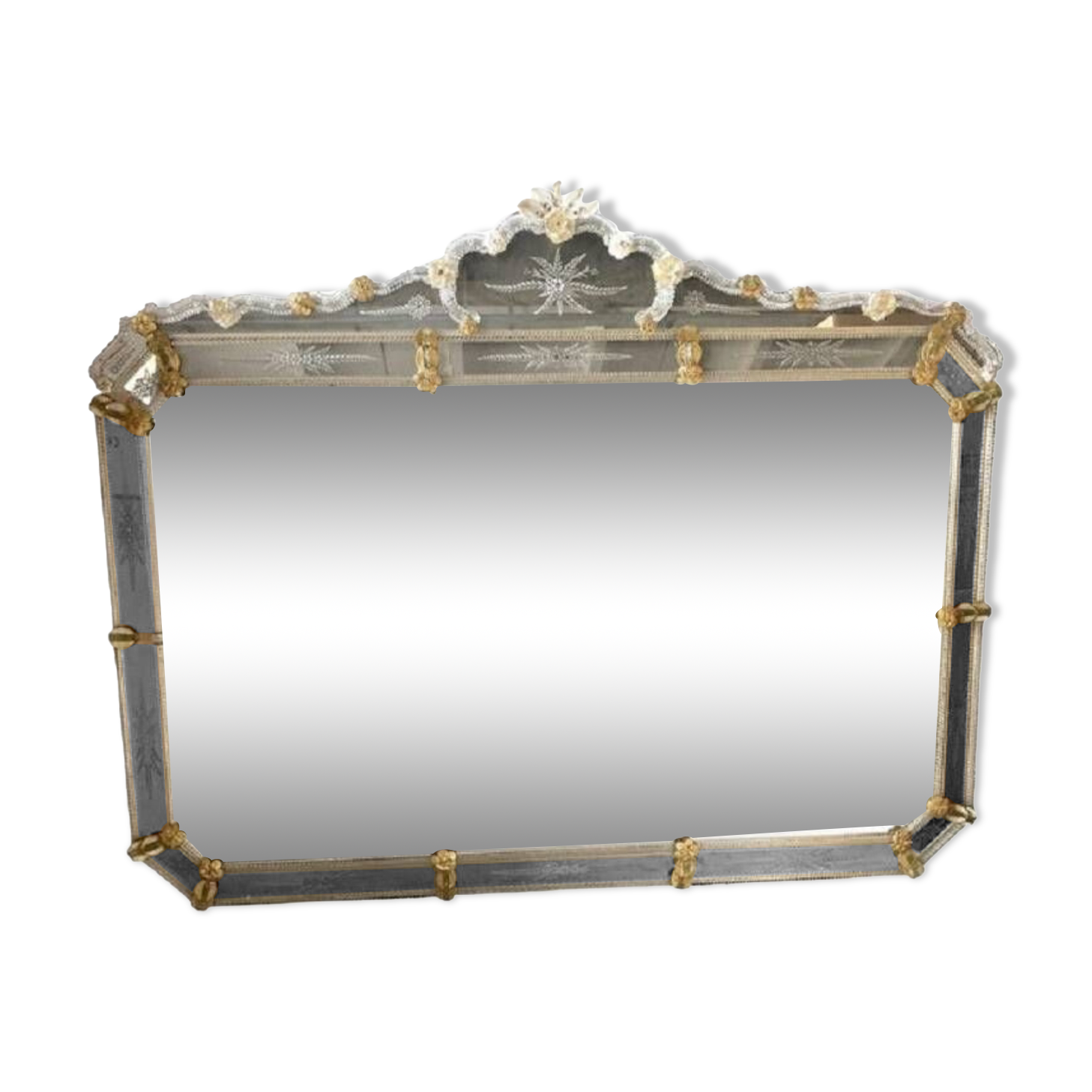 Venetian Rectangular Gold Floreal Hand-Carving Mirror in Murano Glass Style