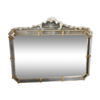 Venetian Rectangular Gold Floreal Hand-Carving Mirror in Murano Glass Style
