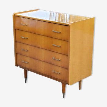 Vintage chest of drawers from the 60s in blond oak 4 drawers conical feet