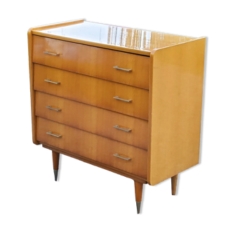 Vintage chest of drawers from the 60s in blond oak 4 drawers conical feet