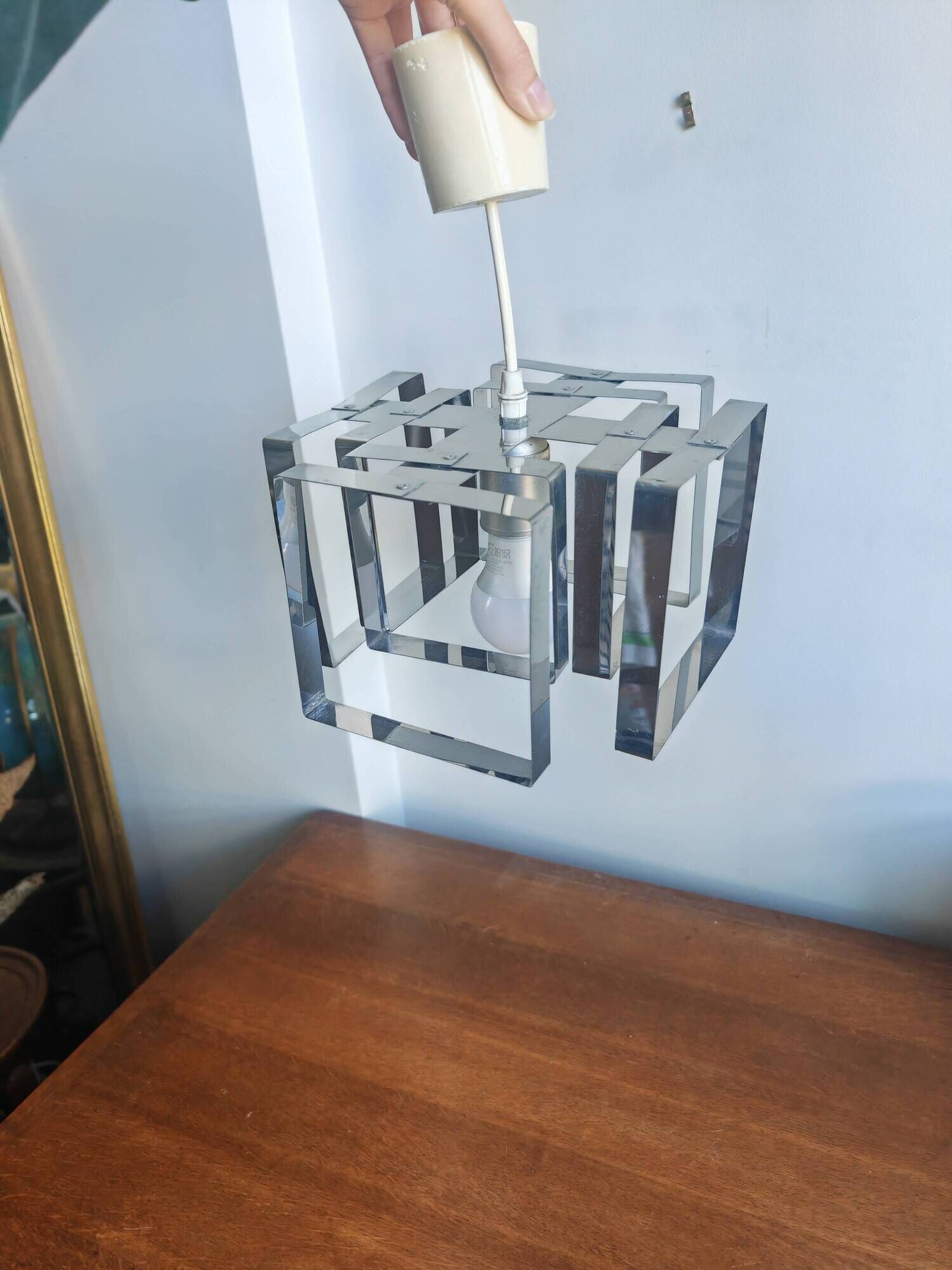 Lampe Cube Métal Chromé Vintage 70s - Style Sciolari / Rega