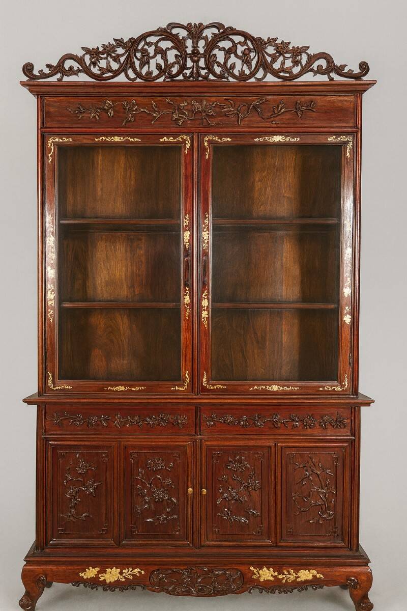 Asia 19th century: Ancient lacquer library, richly carved and decorated.