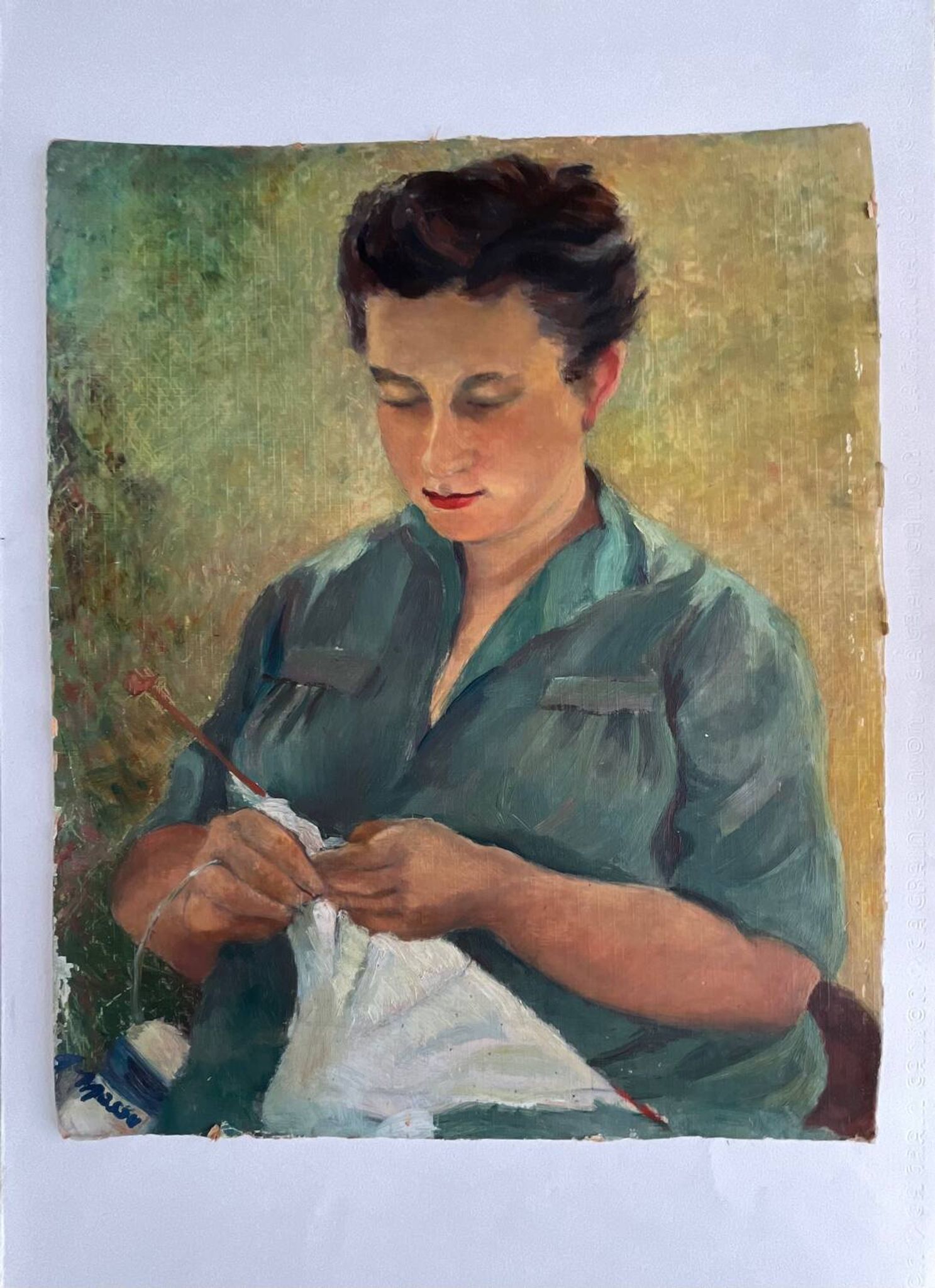 Oil painting on cardboard "Knitting"