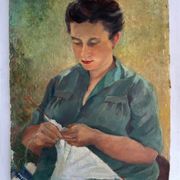 Oil painting on cardboard "Knitting"