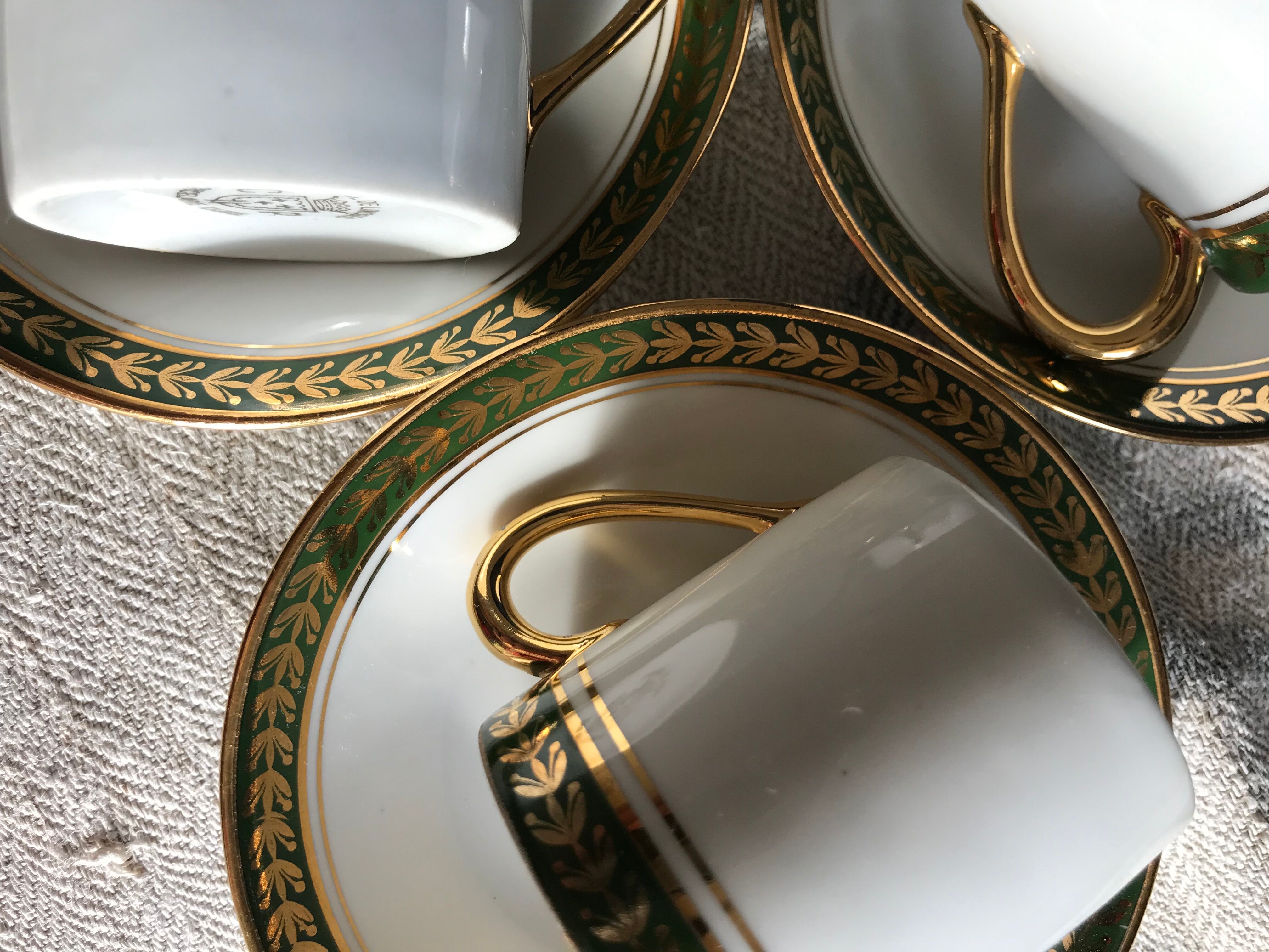 Vintage mocha set 5 coffee cups Napoleon porcelain white frieze green gold by hand