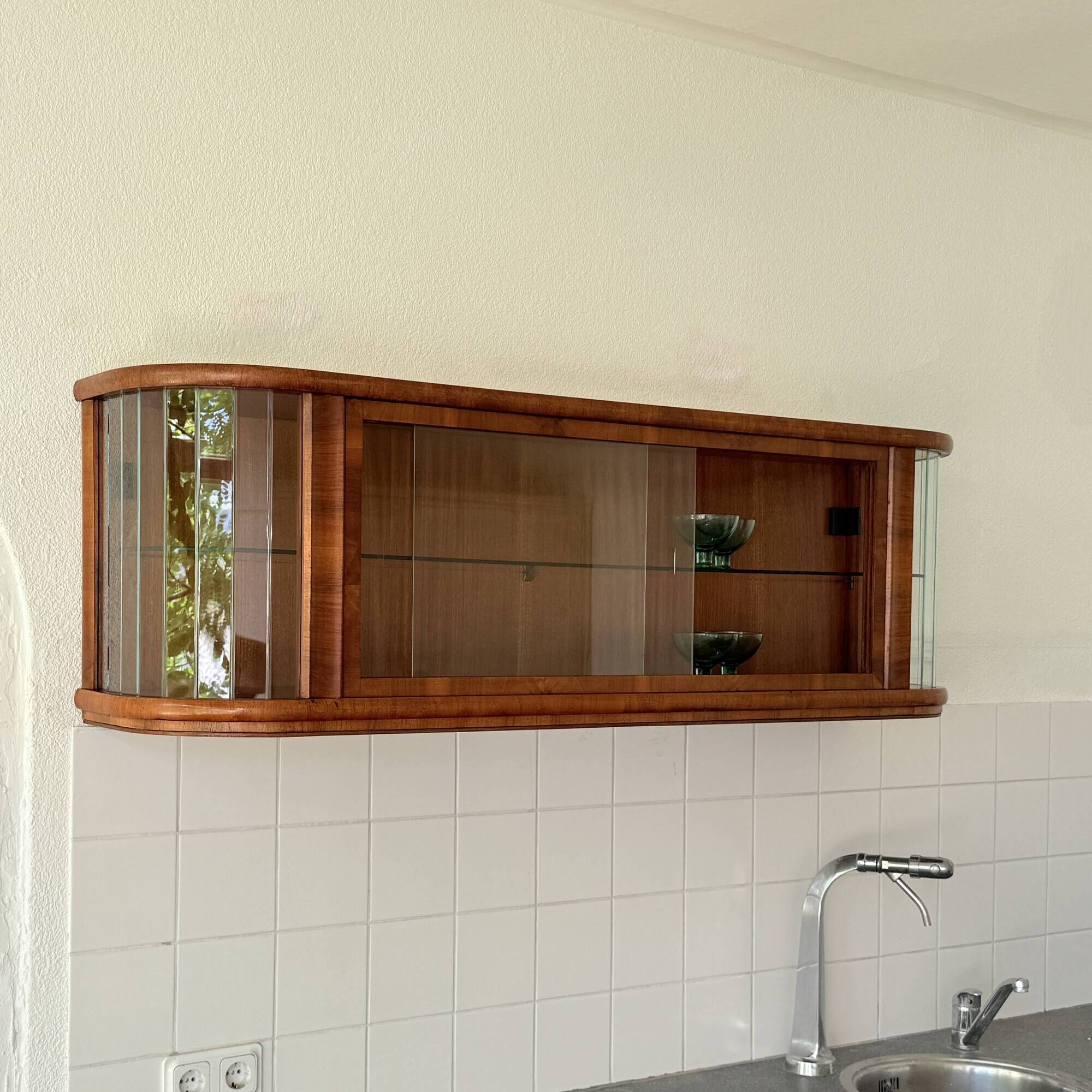Polish Mid-Century Modern Wall Showcase Cabinet – Beveled Glass & Wood Vene