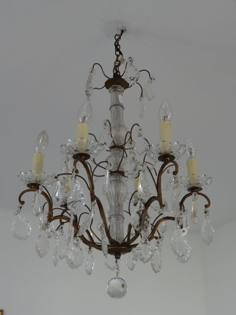 Bronze and crystal chandelier with six arms of light