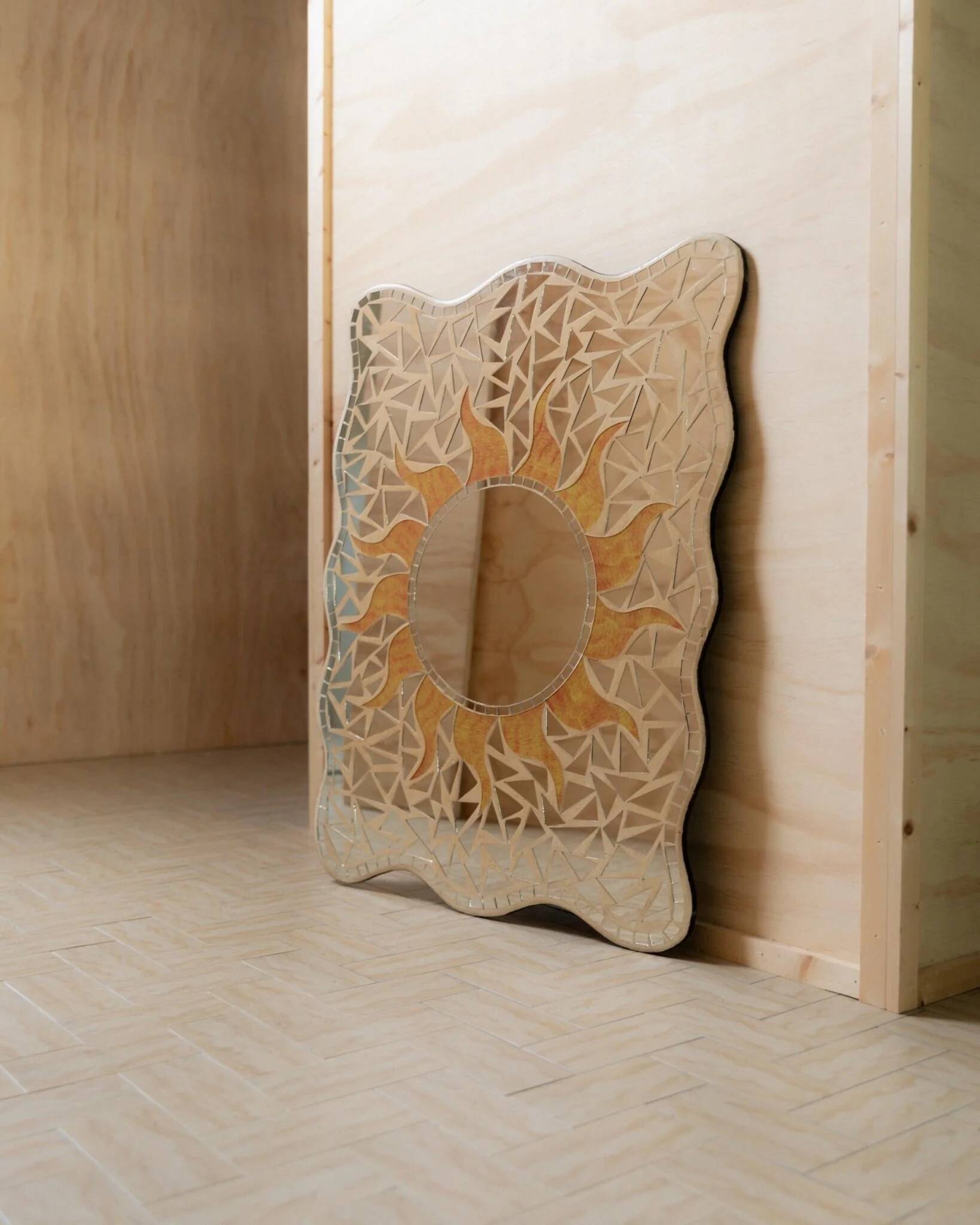 Vintage mosaic mirror sun motif - Unique piece from Italy, 1970s - Beautiful details, very decorative, bohemian style, gift idea.