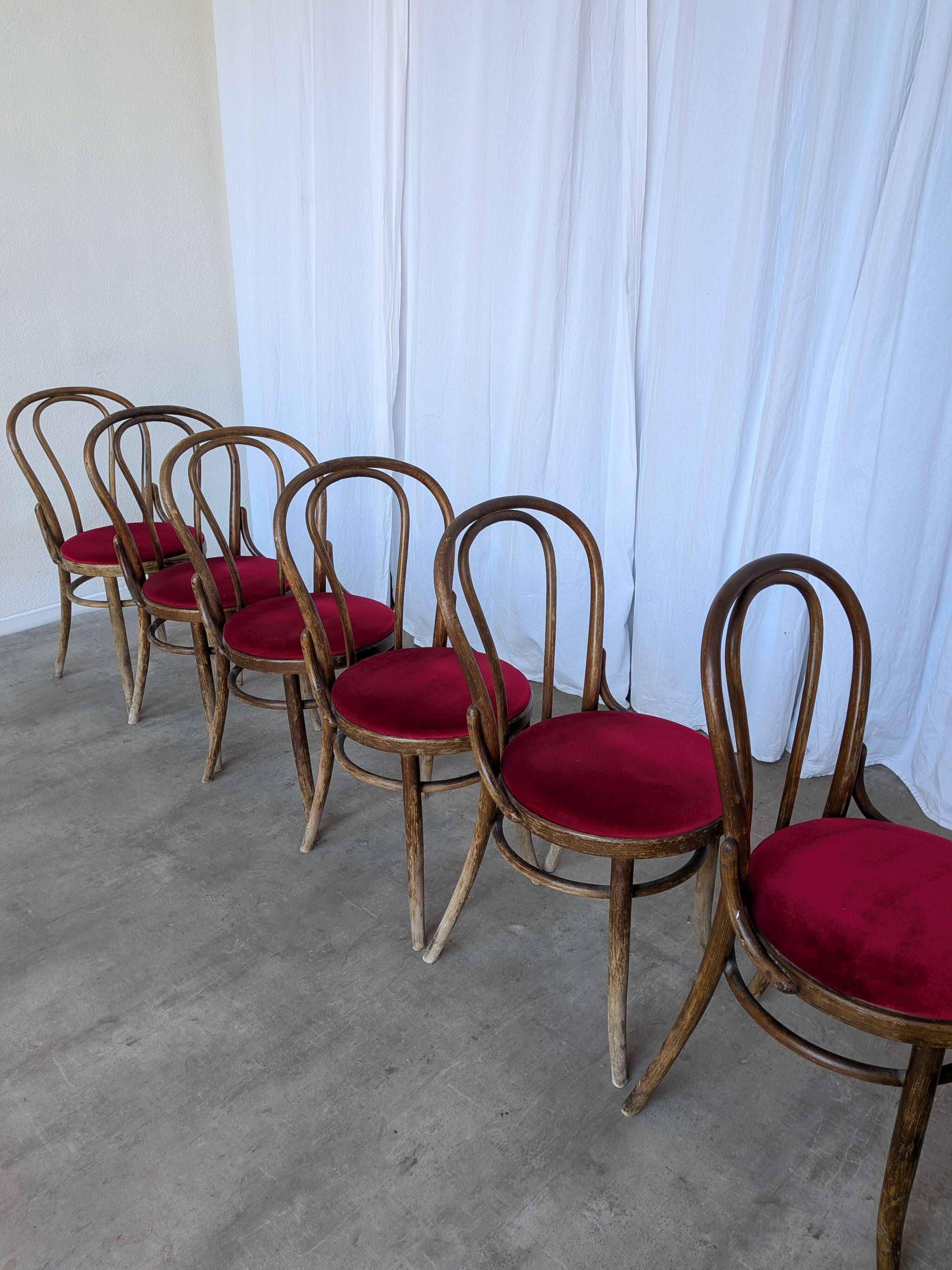 Set of 6 Vintage Bentwood Dining Chairs Set: 1970s , Red Uphols
