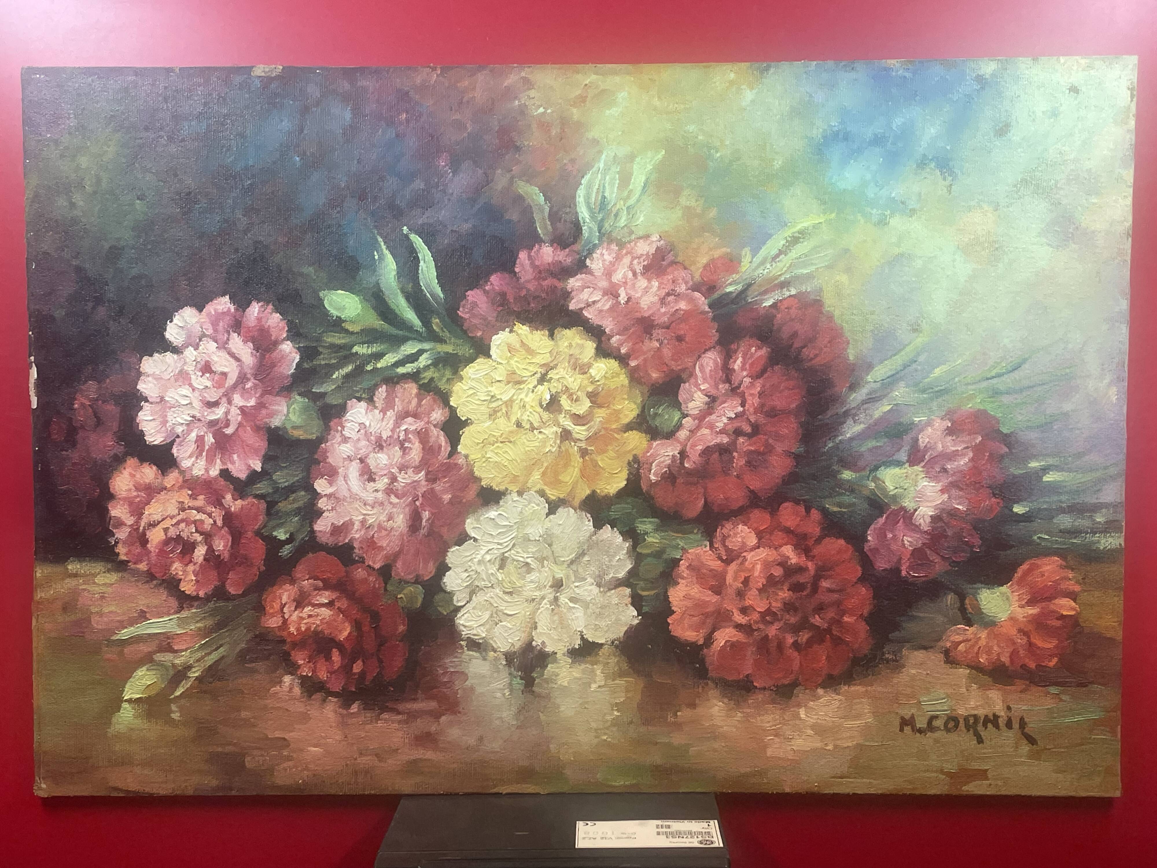 Bouquet of flowers on table oil on isorel panel signed M. Cornil