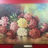 Bouquet fleurs sur table huile sur panneau isorel signe M. Cornil