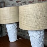 Lamps (set of 2) vintage 80'S in plaster and rattan lampshade