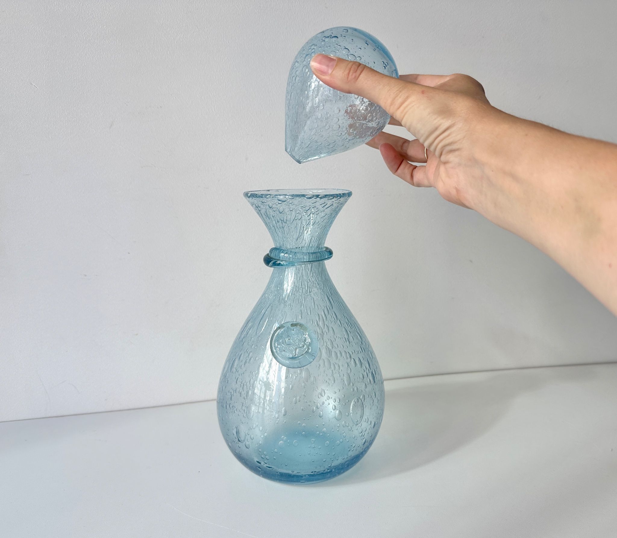 Vintage 1960s blue bubble glass BIOT carafe