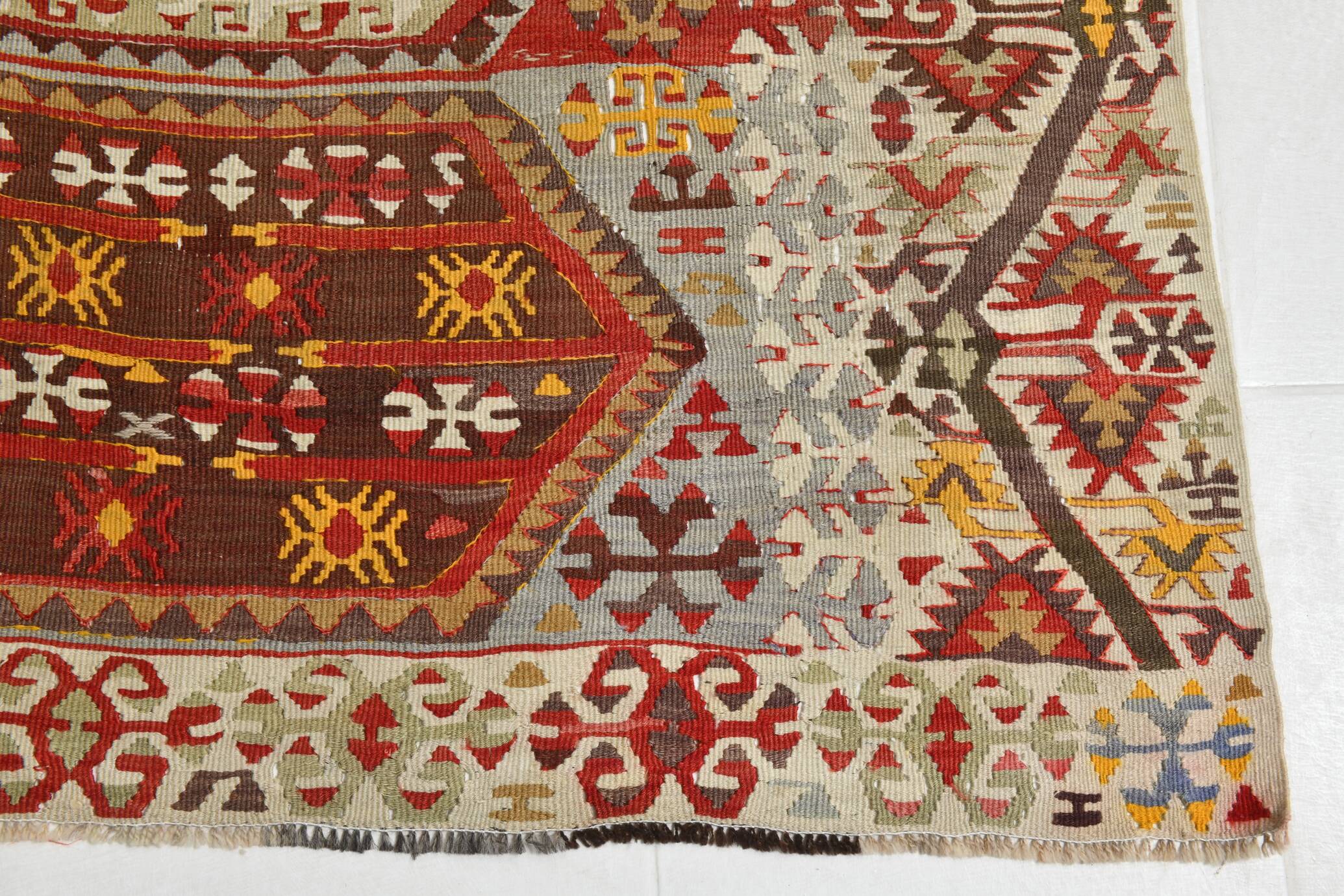 6x13 Beige & Red Wool Kilim Rug, 193x406Cm