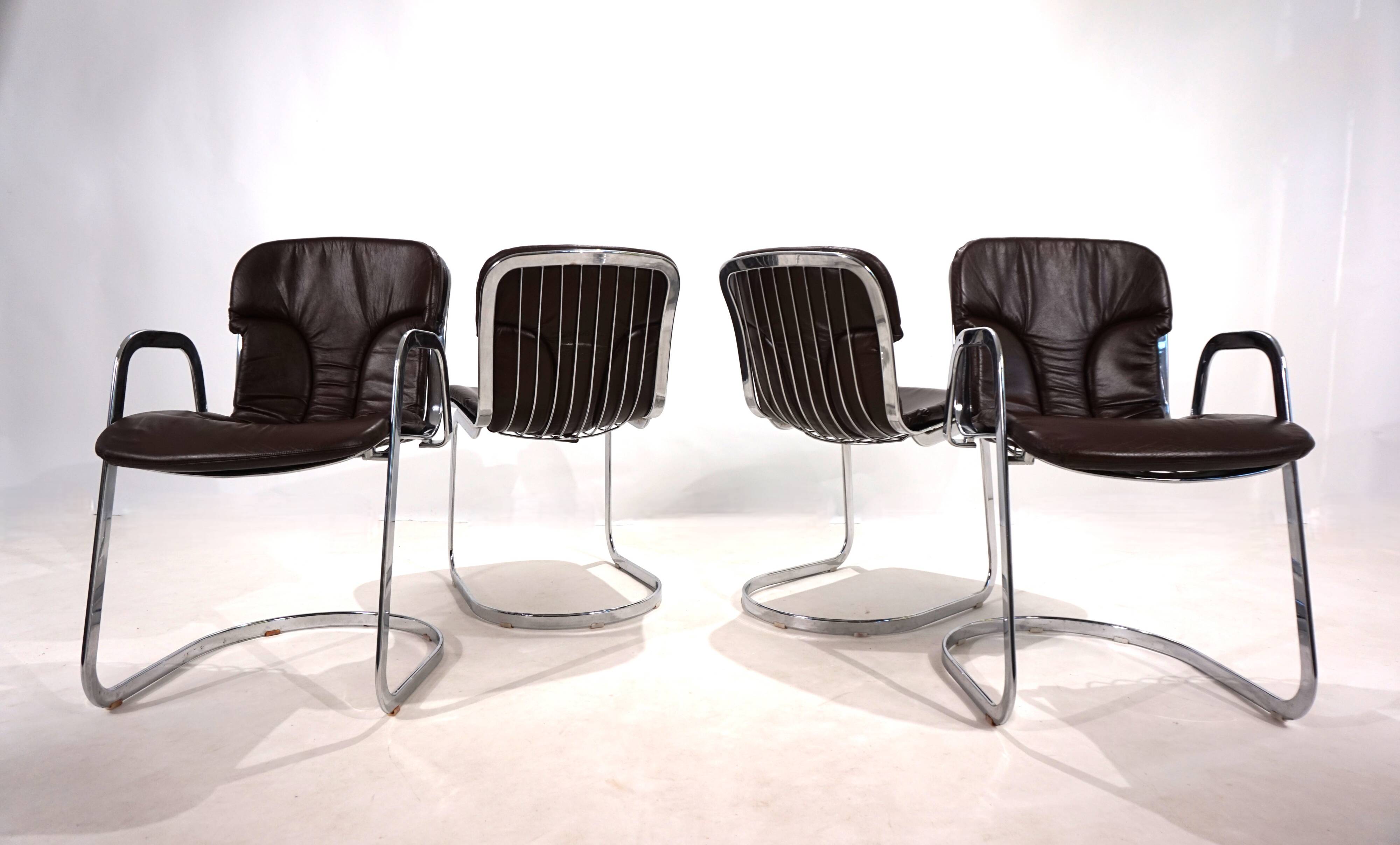 Set of four Cidue leather chrome cantilever chairs by Willy Rizzo, 1970