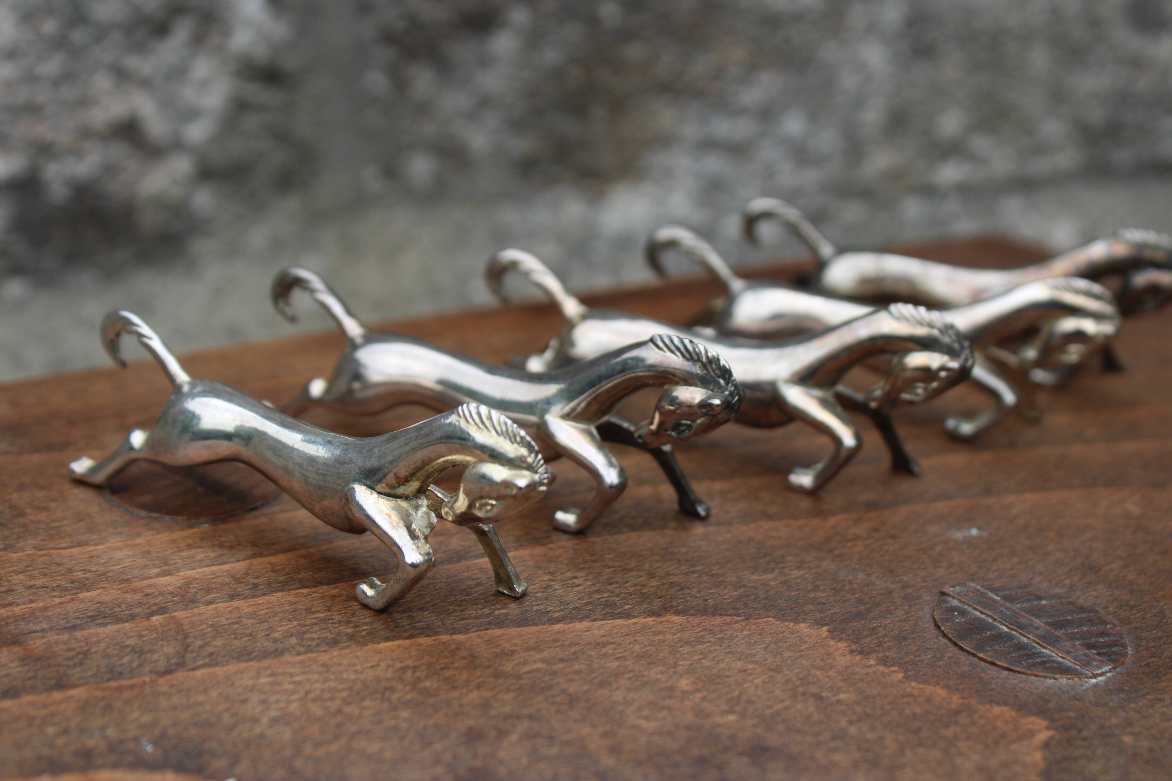 Set of 5 vintage silver metal horse knife rests