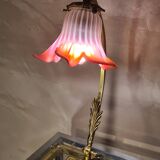 Large restored brass lamp with pretty art nouveau tulip 1900, electricity ok 47x28
