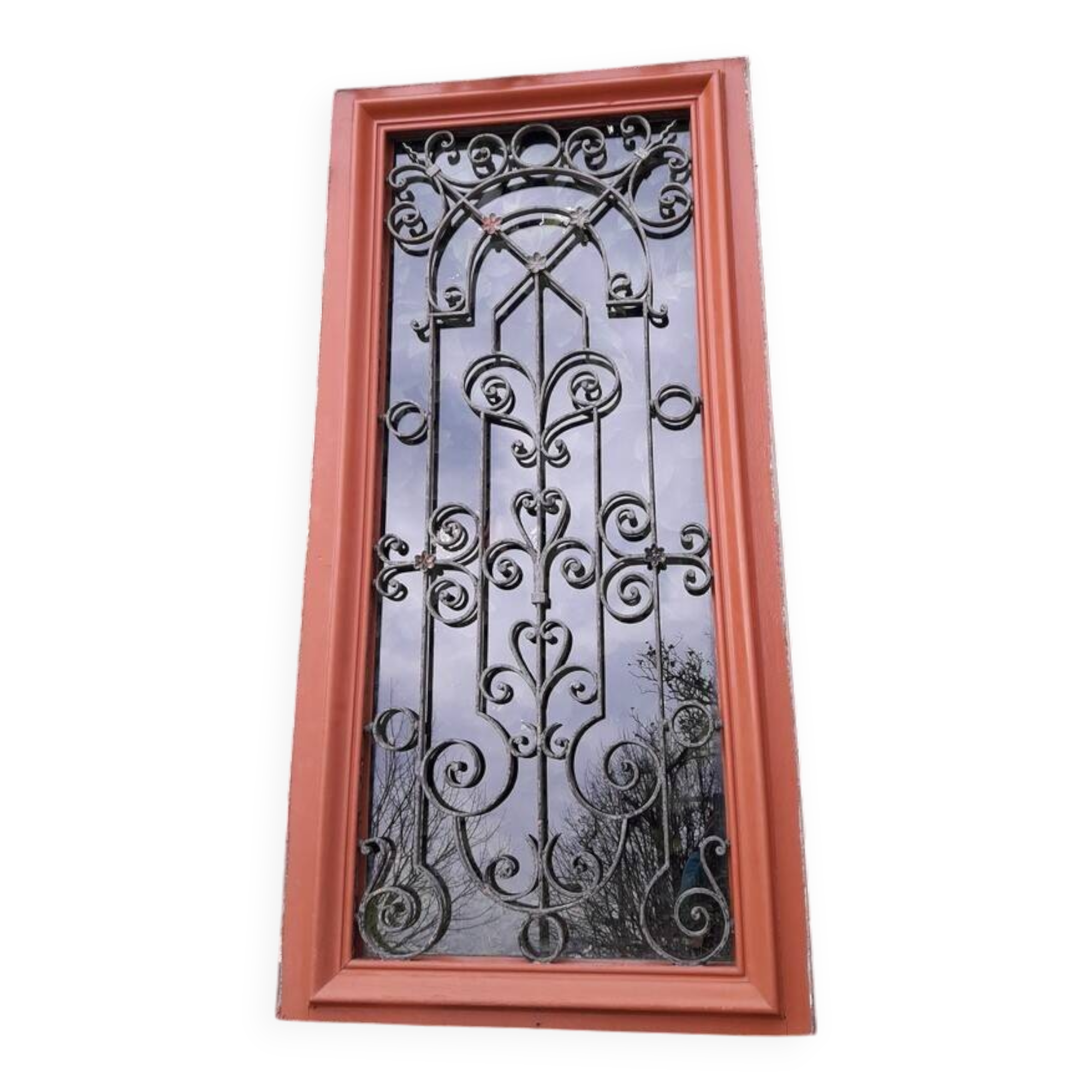 Window frame 179x88cm walnut oak wrought iron grille opening glass panel