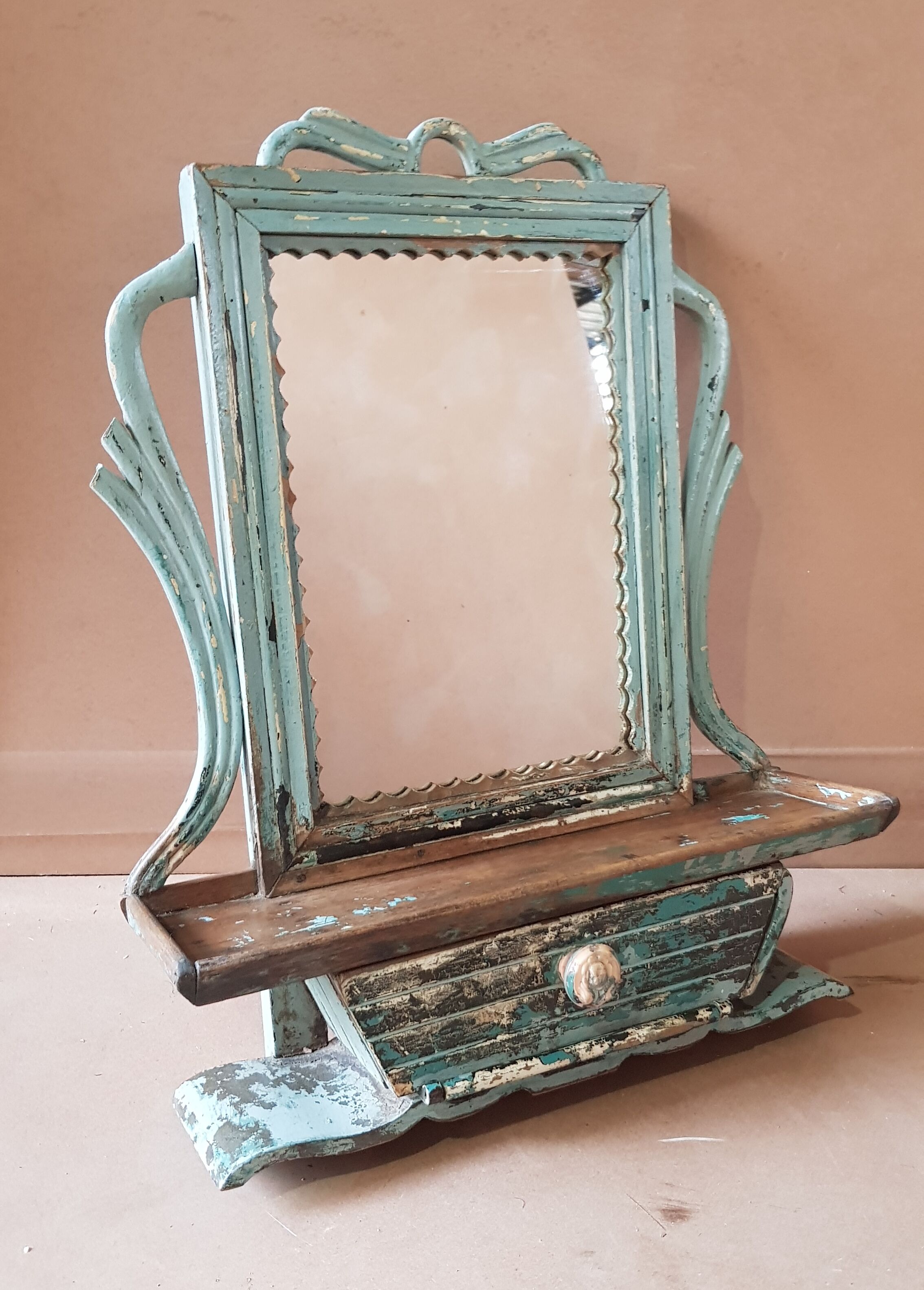 Mirror - Burmese Teak Art Deco wall shelf with original blue patina