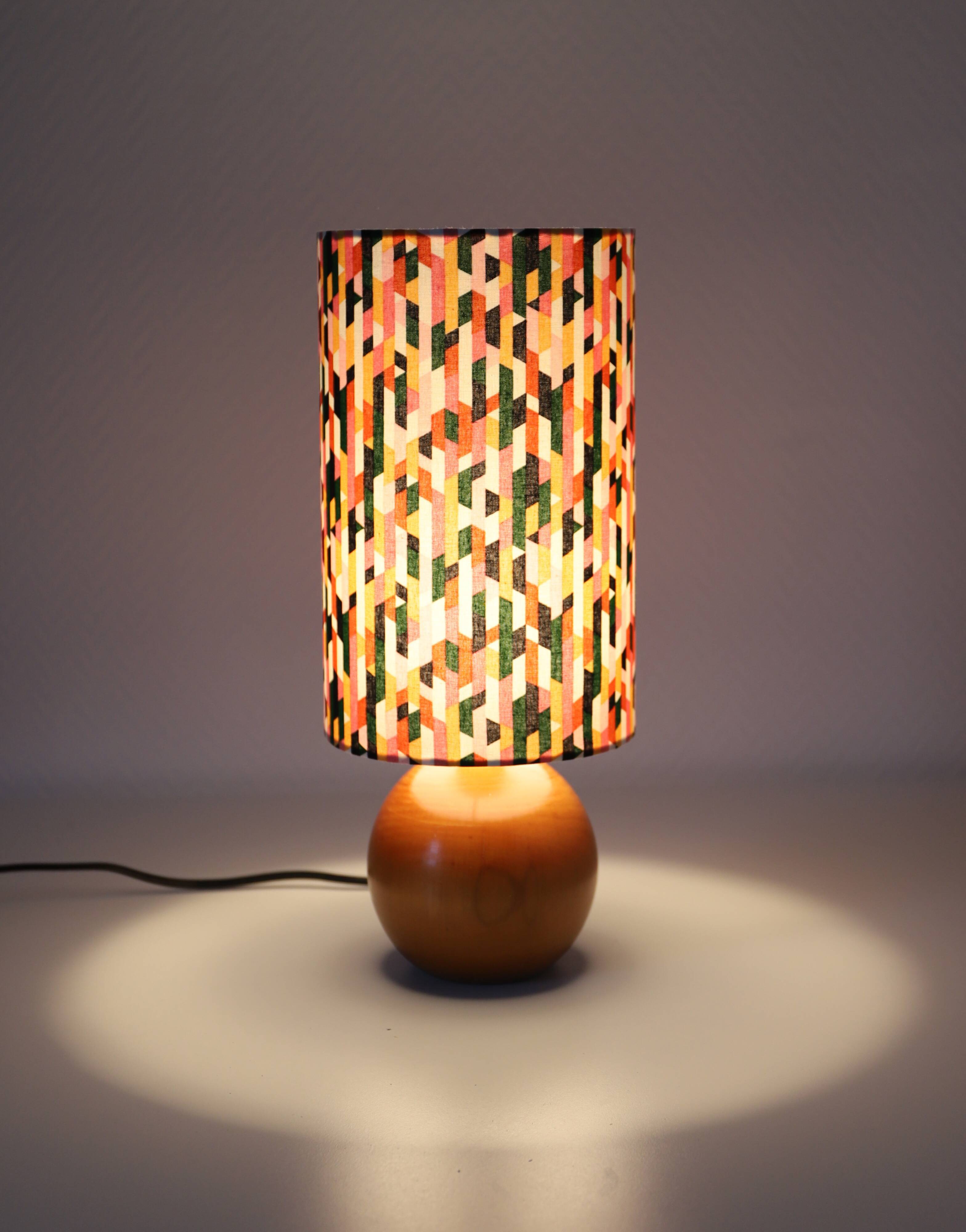 Bedside lamps, solid wood sphere base and printed cylinder lampshade