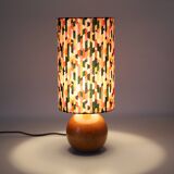 Lampes de chevet, pied bois massif sphère et abat-jour cilindre imprimé