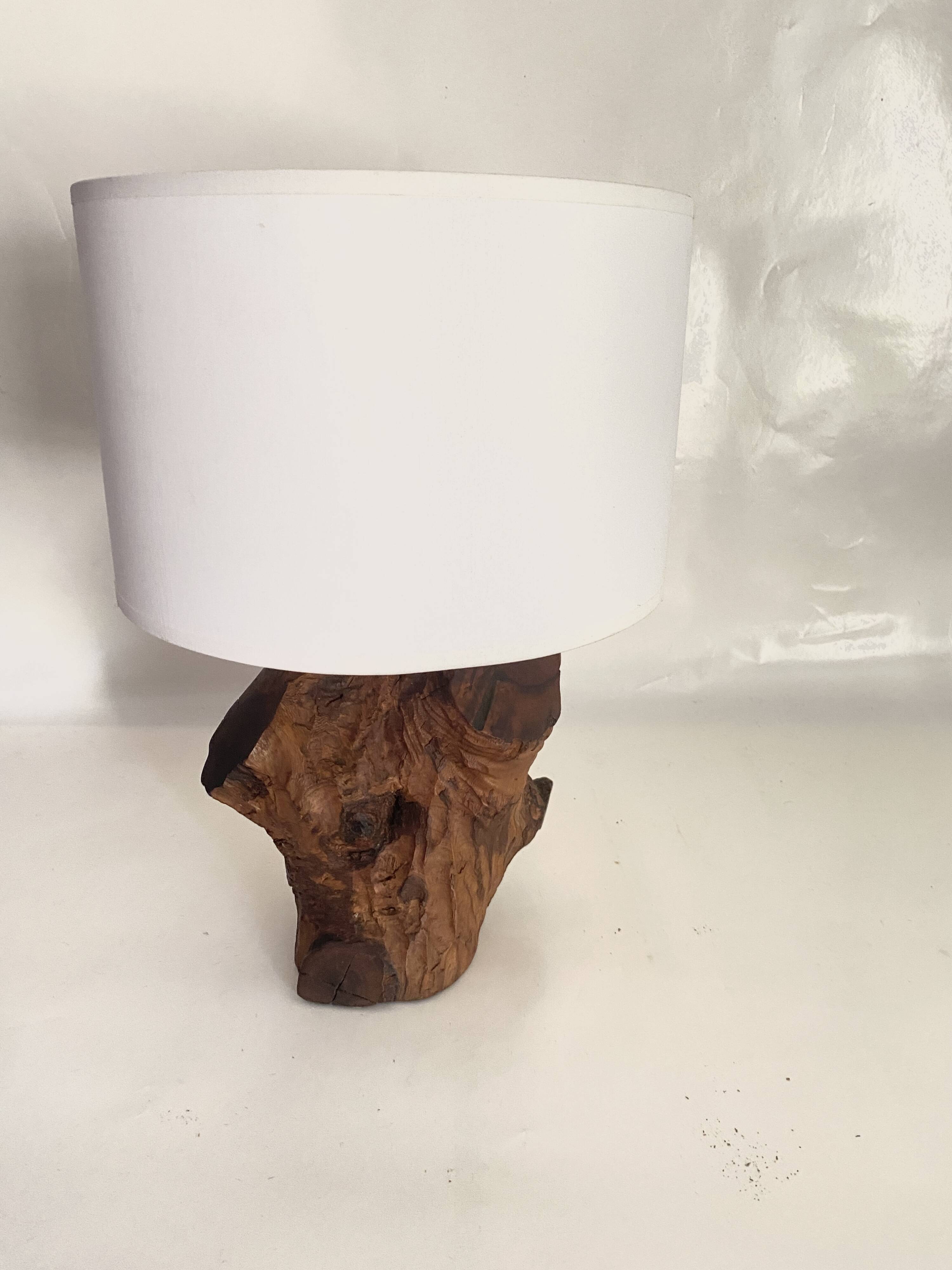 Brutalist wooden lamp, new 2M fabric cable, lampshade