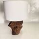 Brutalist wooden lamp, new 2M fabric cable, lampshade