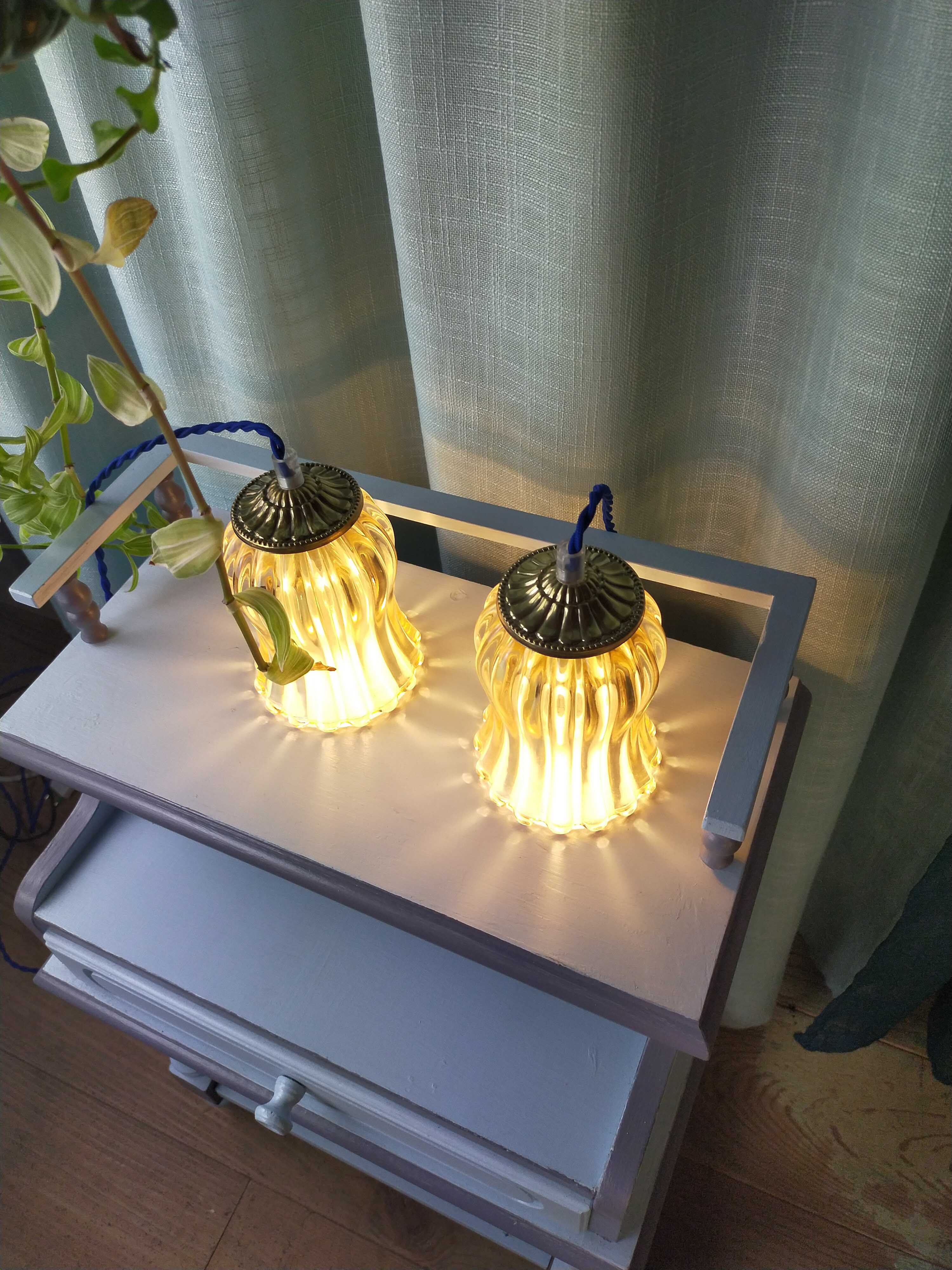 Duo tulip lamps golden fluted glass