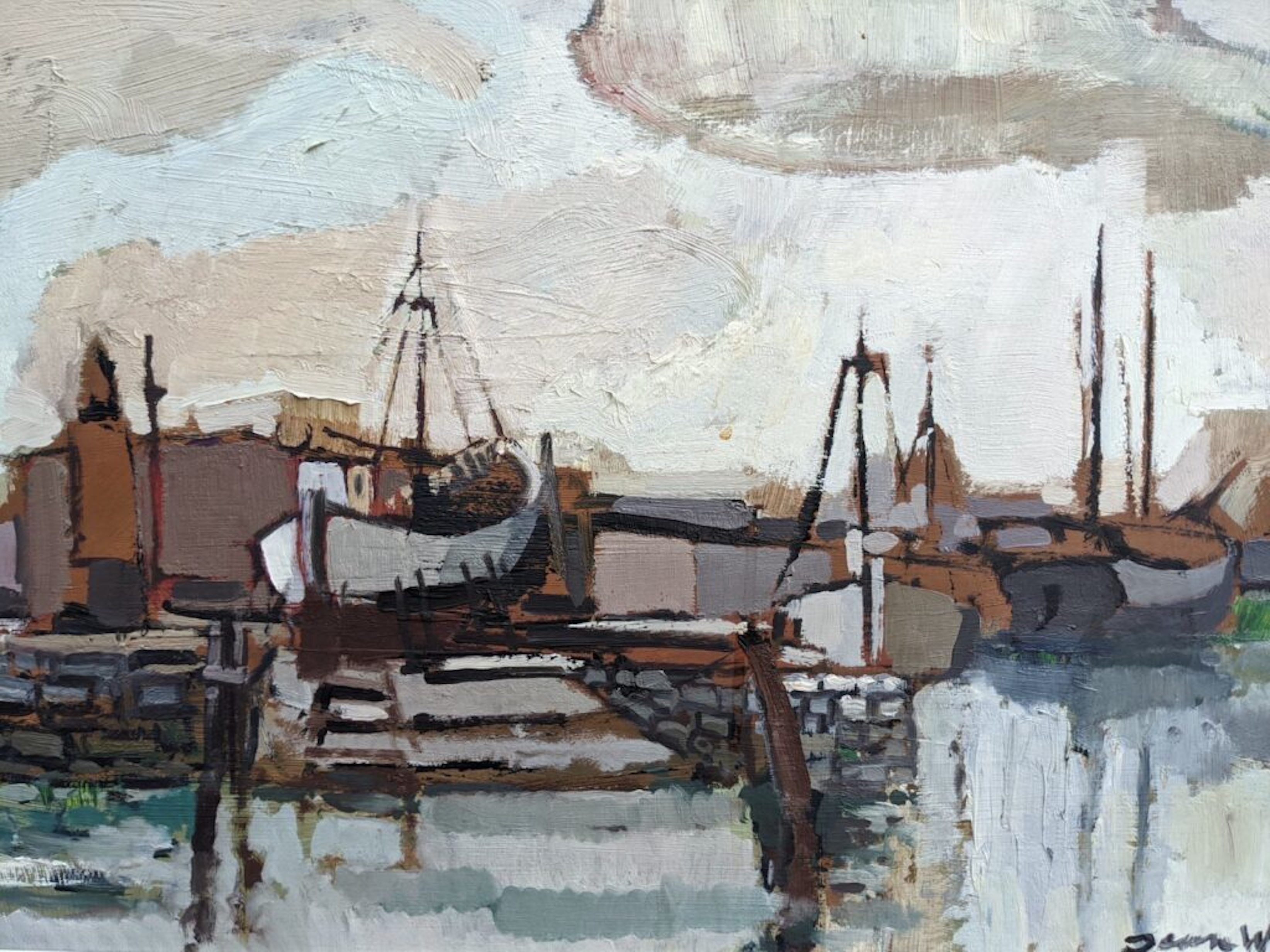 Mid-Century Modern "Out at Sea" Swedish Vintage Coastal Landscape Oil Painting, Framed