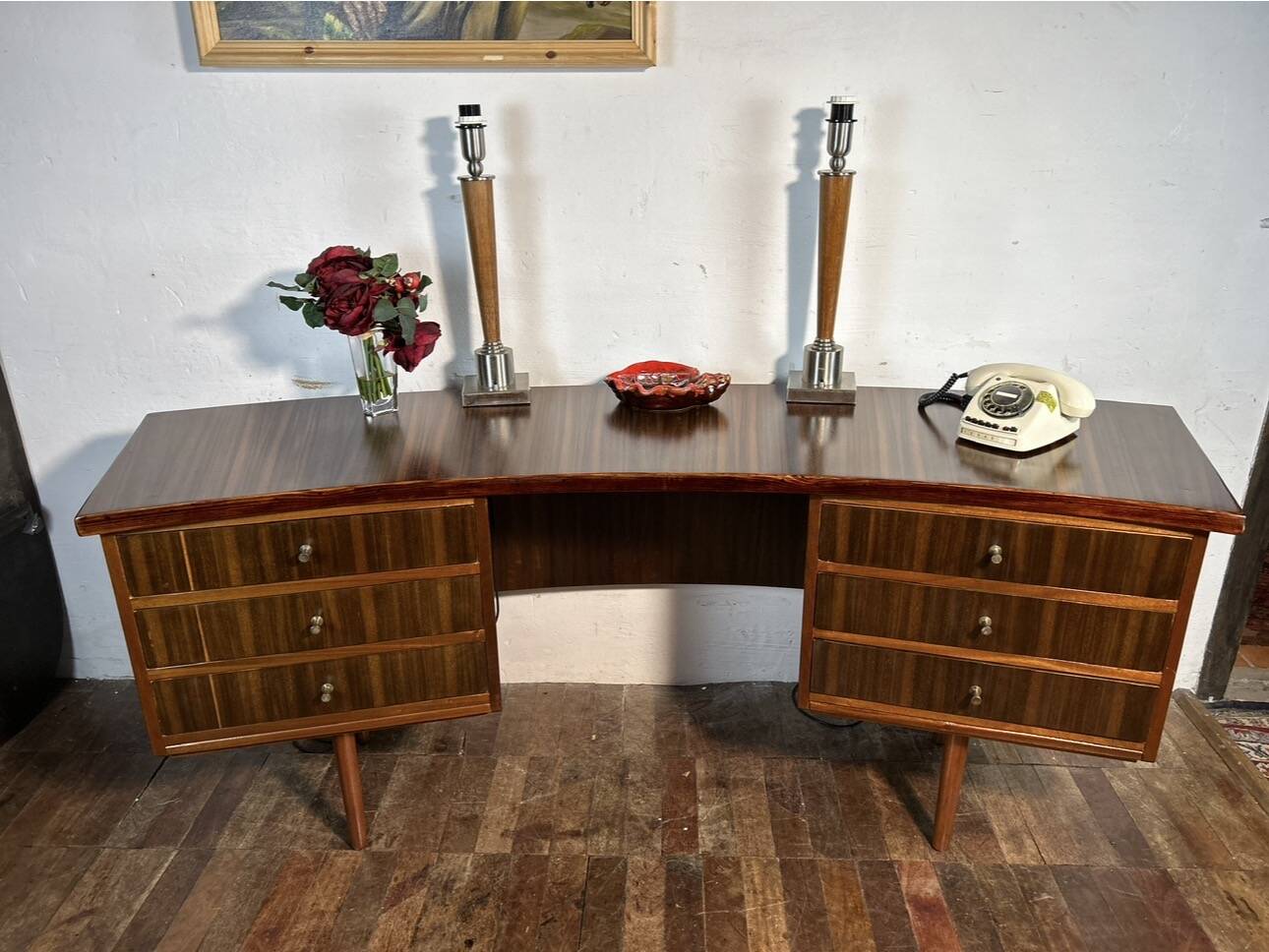 Mid Century Retro Vintage Walnut executive Desk by Morris of Glasgow curved