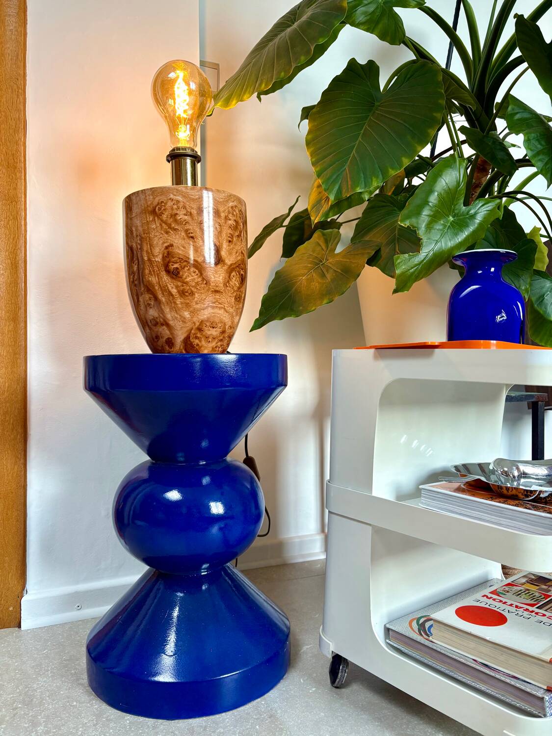 Ceramic lamp with walnut magnifying effect, Italian 1970s inspiration.