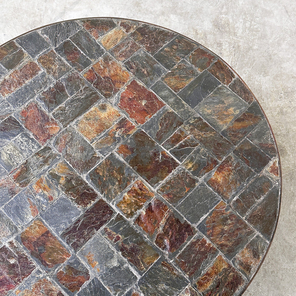 1970s round slate stone mosaic coffee table with sculptural metal base