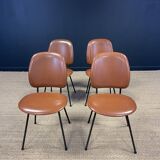 Set of 4 retro bistro chairs in cognac leatherette and black steel legs