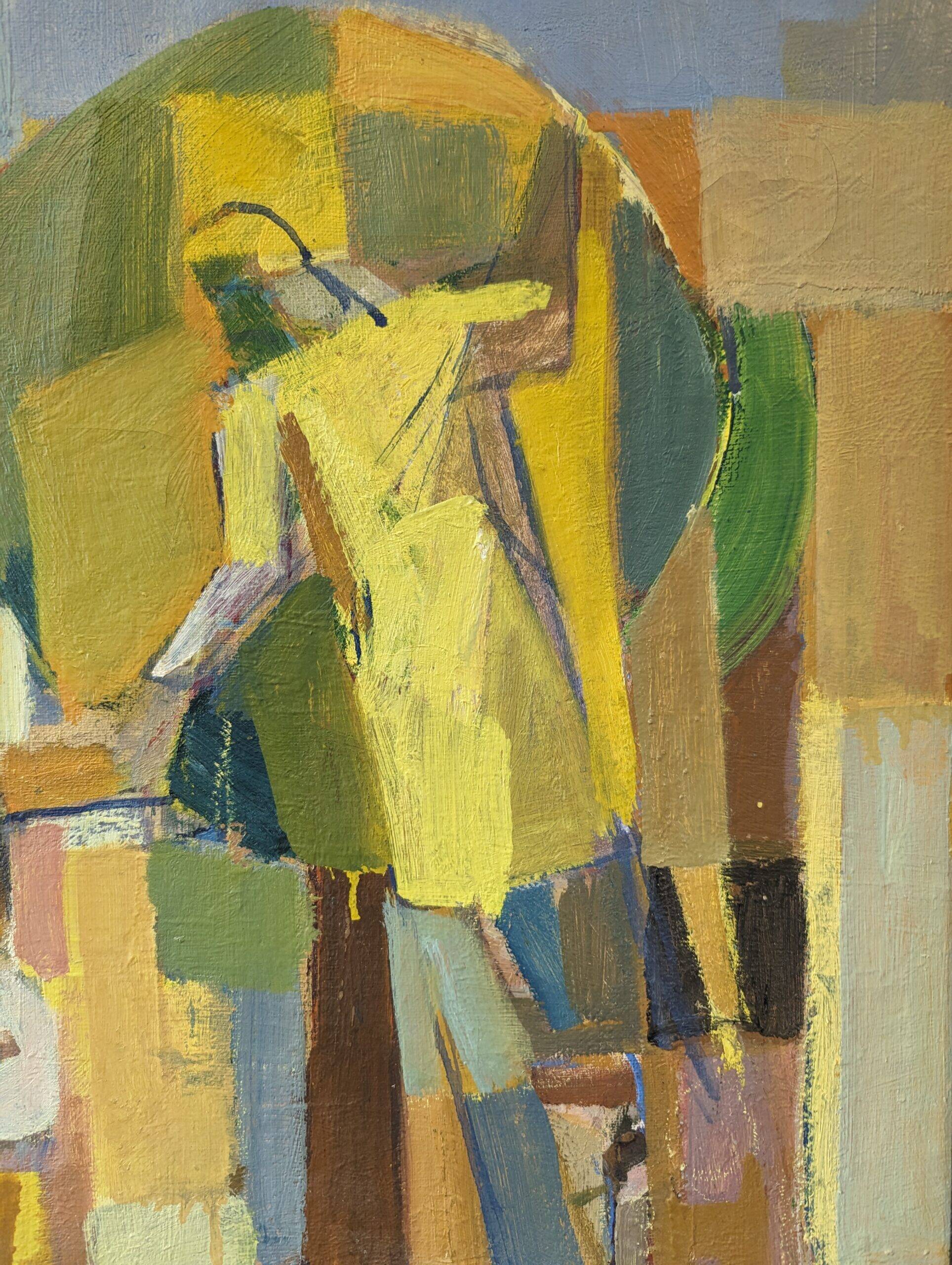 Mid-Century Modern Swedish "The Fruit Tree Pickers" Vintage Oil Painting, Framed