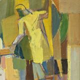 Mid-Century Modern Swedish "The Fruit Tree Pickers" Vintage Oil Painting, Framed