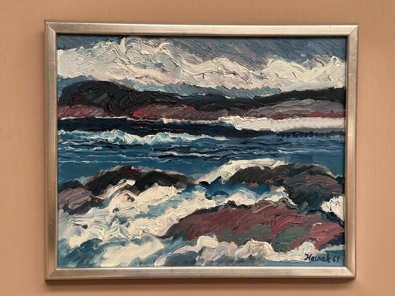 Swedish Oil on Canvas “Coastal Landscape” by Allan Horsak, Vintage & Framed
