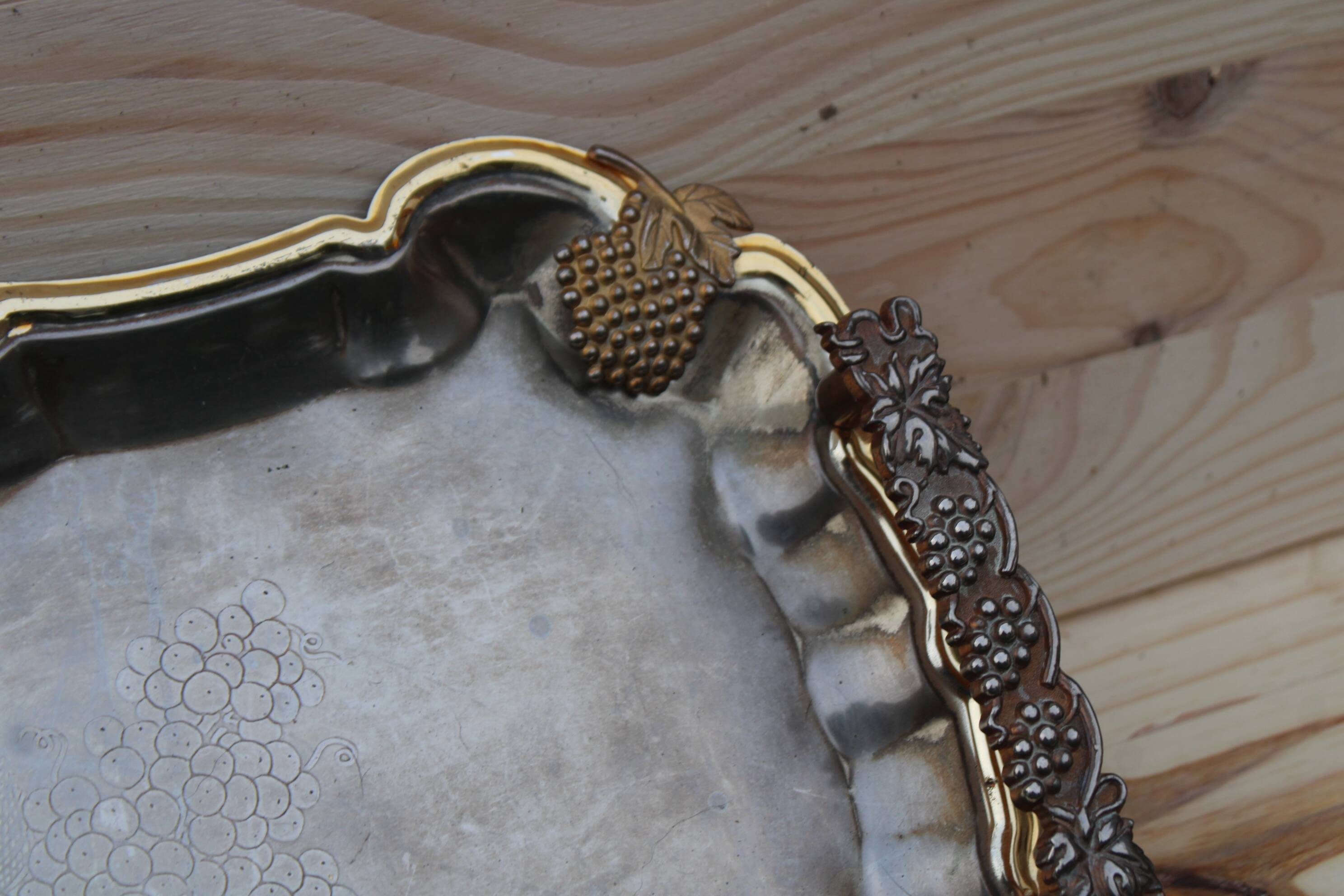 Antique silver-plated metal tray with gilt edges – Grape cluster motif