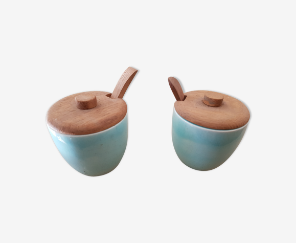Deux petits pots a condiments céramique bleue keramos 1950 | Selency