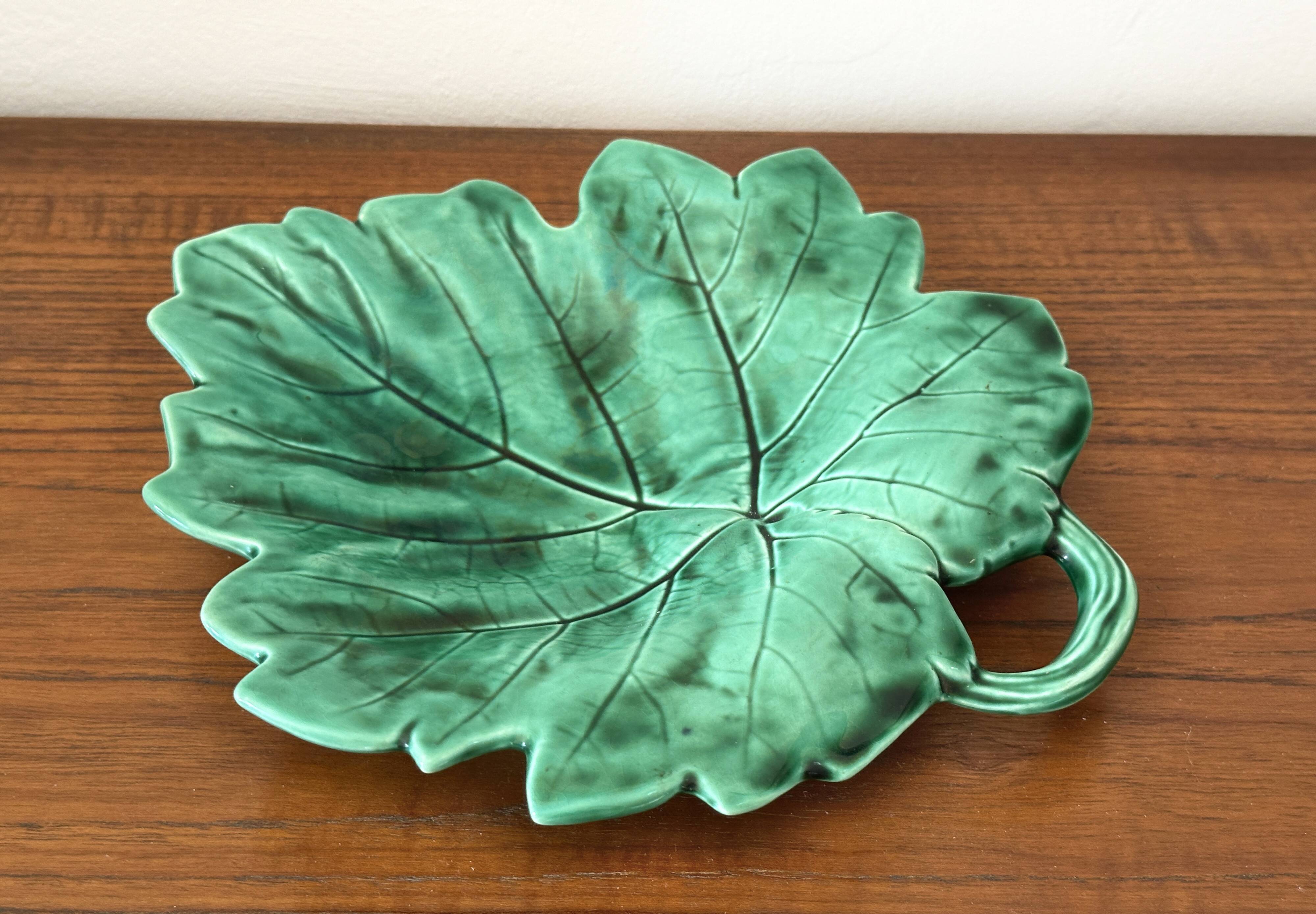 Vintage barbotine leaf faience dish empty pocket Sarreguemines